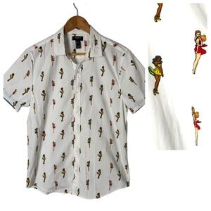 Forever 21 Pin Up‎ Girl Novelty Print Button Up Shirt Men Size S White Retro